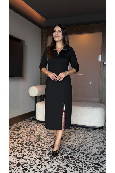 MODA ŞEHRİ فستان نسائي طويل الأكمام بياقة مدورة وسحاب أمامي شق فستان ميدي من ...