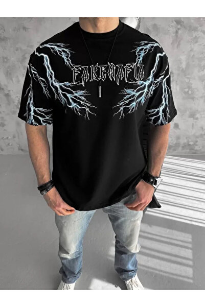 Wear Up Unisex Crew Neck Printed Oversize T-Shirt - Black