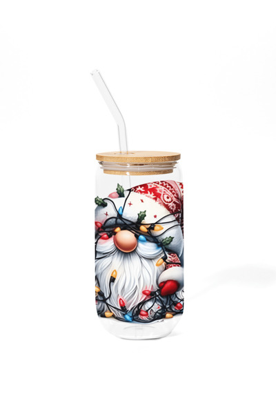 Pahar Cana din sticla cu capac din bambus - Pitic de Crăciun VI