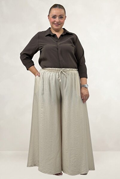 Eslina 69009 Plus Size Elastic Waist Double Tensel Trouser Skirt - Beige