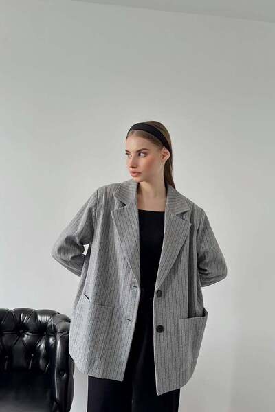 Moda Days Jachetă oversize gri cu dungi pentru femei, cu rever, nasturi și bu...