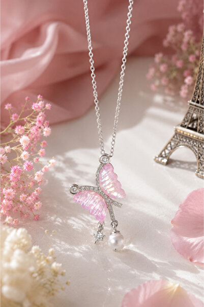 Sylvera Shop Pearlescent Pink Butterfly Bead Dangle Steel Necklace (Silver Co...