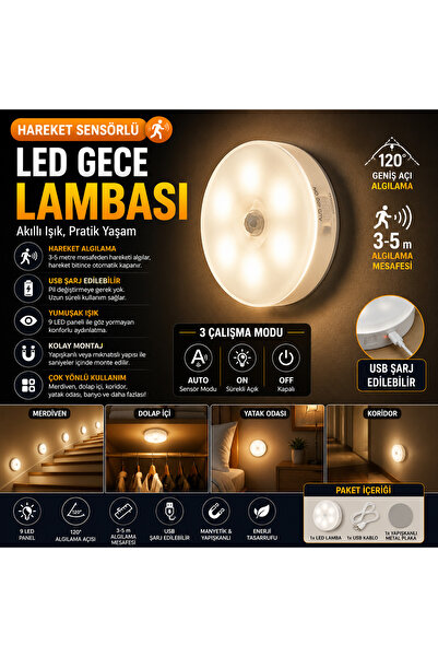 Ufak Tefek Şeyler Hareket Sensörlü USB Şarjlı LED Gece Lambası Merdiven Dolap...