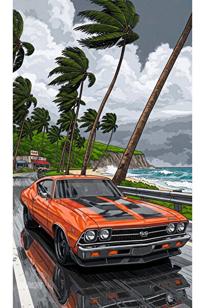 Turuncu Klasik Muscle Car Ve Palmiye Ağaçları Temalı Dekoratif Poster Ve Duvar Tablosu