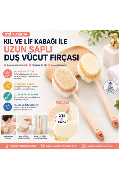 Ufak Tefek Şeyler 2-in-1 Natural Bristle and Loofah Long Handle Bath Back Scr...