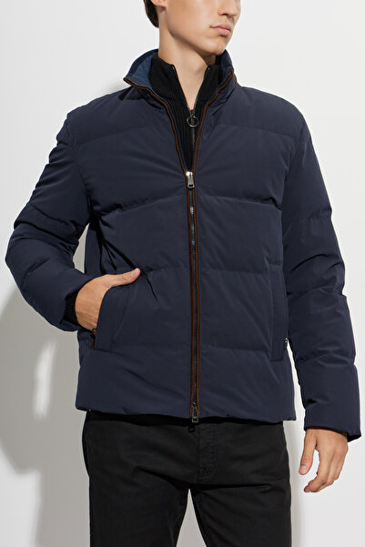 PAUL&SHARK Men's Down-Filled Quilted Patterned Long-Sleeved Navy Blue Coat