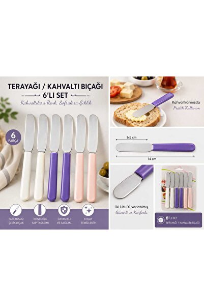EVİNİZİNRİTMİ Trend Mutfak Renkli Saplı Paslanmaz Çelik 6'lı Tereyağı ve Kahv...