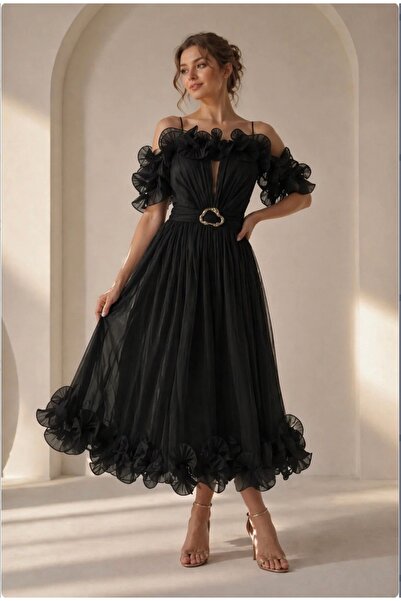 Divin store black midi dress in satin veil with ruffles at the bust
