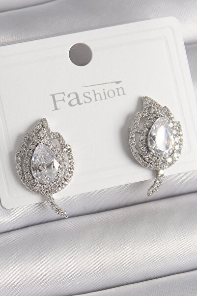 DMR Elegance Brass Silver Color Zircon Stone Leaf Model Women's Earrings