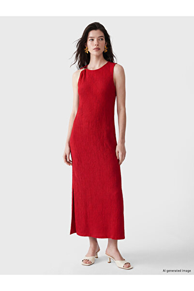 LC Waikiki Red Crew Neck Gathered Textured Dress