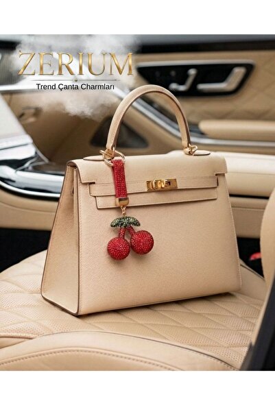 ZERİUM Trend Bag Charm and Ornament Keychain with Crystal Stones and Cherry F...