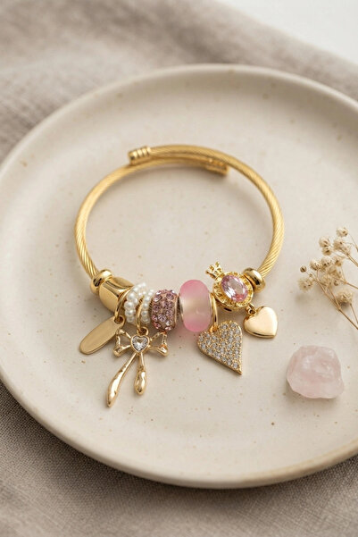 ARMÜZ Bow and Heart Pink Charm Bracelet