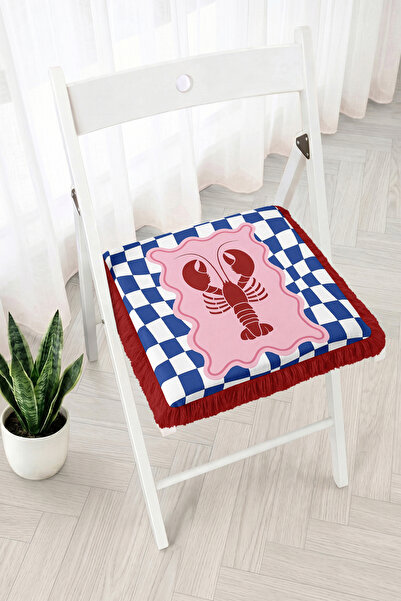 Realhomes Fringed Zippered Chair Cushion with Lobster Figure and Checkerboard...