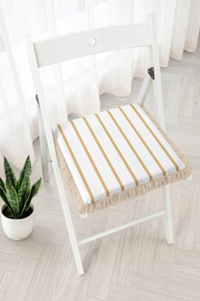 Realhomes Beige Striped Minimal Patterned Fringed Zippered Chair Cushion - Mo...