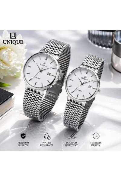 Genericc UNIQUE Couple Watch Set for Men & Women – Stainless Steel Quartz Analog Watches with Date Display, Silver Matching His & Her Wrist Watch Pair