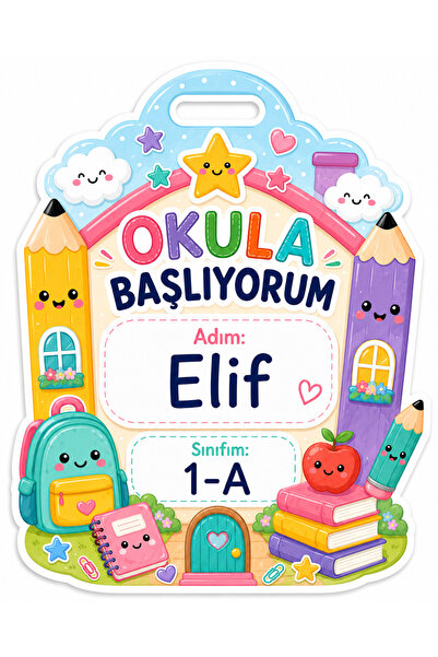 Papelia Okul Evi ve Kalem Formlu Kişiye Özel Okula Başlıyorum Öğrenci Yaka Ka...