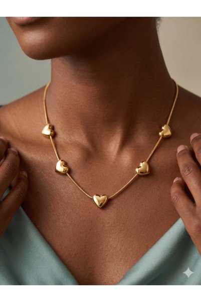 Çelik Gold Color Rowed Curved Heart Choker Necklace