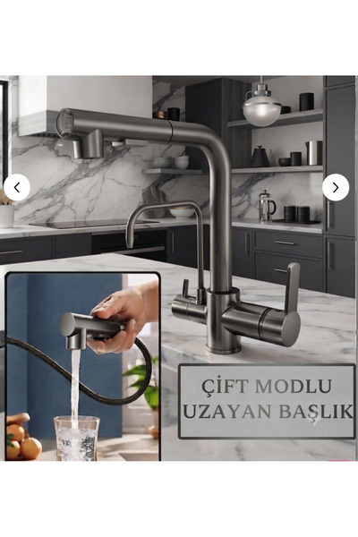 KAVİTİCARET Antrasit Gri Füme Spiralli Kare Arıtma Musluklu Mutfak Eviye Bataryası
