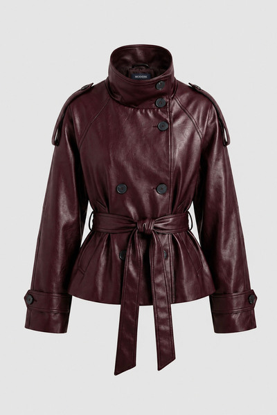 Moderk Bsk Faux Leather Mock Neck Lined Women's Leather Jacket Trench Coat