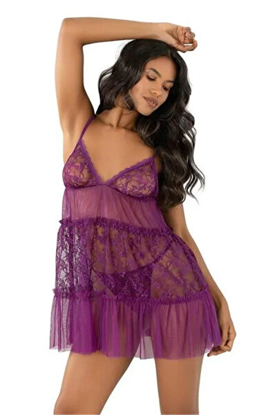 SS HOME CONCEPT Lace Embroidered Purple Short Tulle Nightgown