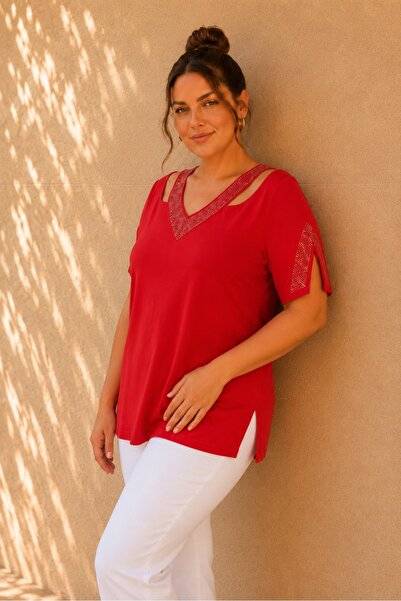 FOR ESRA BIG TREND Women's Low-Cut Shoulder Cut-Out Sleeve Stone Detail V-Nec...