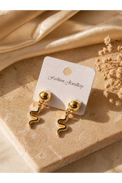 karmabijuteriaksesuar Women's Gold Bijouterie Earrings with Black Snake Figure