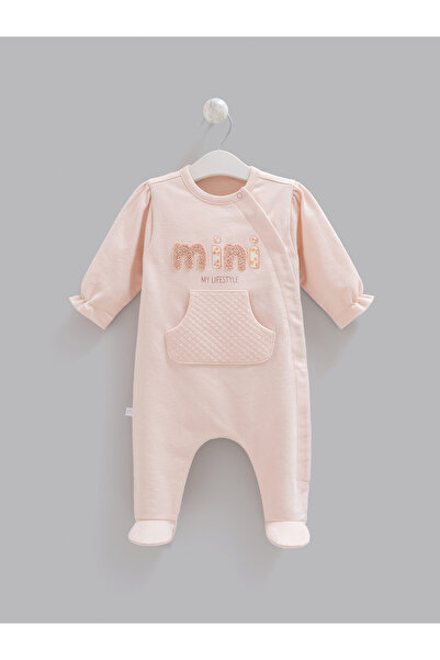 Caramell Baby Girl Romper with Mini Lettering, Quilted Pockets, Cotton Long S...