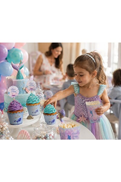Bkmc Deniz Kızı Doğum Günü Cupcake Seti – 8 Cupcake Kalıbı + 8 Kürdan Süsü + 8 Mısır Kutusu | Mermaid Parti İkram Seti