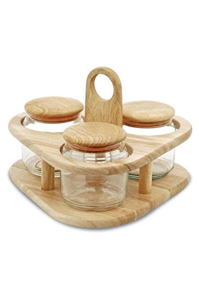 Quality Wood طقم توابل دوار من 3 قطع مصنوع من خشب المطاط والزجاج مع أغطية محك...