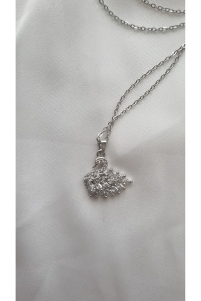 asd accessory Kadın Kuğulu Swan Zirkon Taşlı Gümüş Renk Çelik Kolye/ 40+5cm