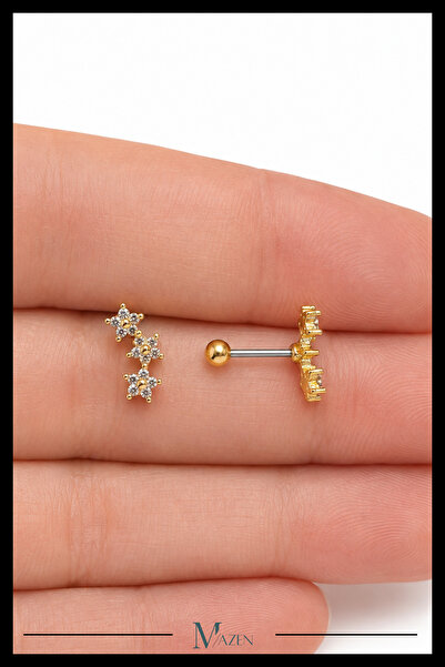 MAZEN Üçlü Yıldız Tragus Piercing Çelik Gold Renk Parlak Figürlü