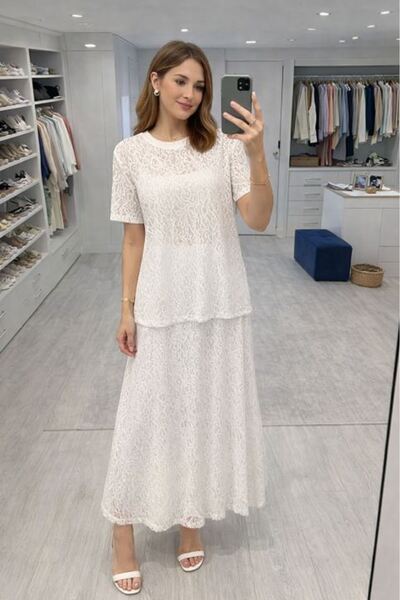 Moda Days Women's White Lace Skirt with Elastic Waist, Maxi Length, Flared Cu...