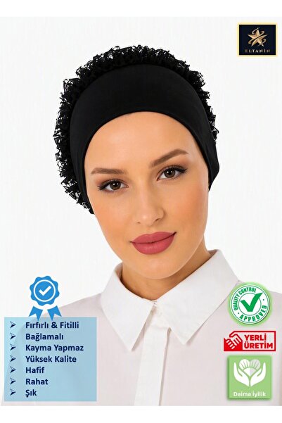 Eltanin Lux Ruffled Ribbed Tie-Back Black Combed Cotton Bonnet (Cotton & Lycr...