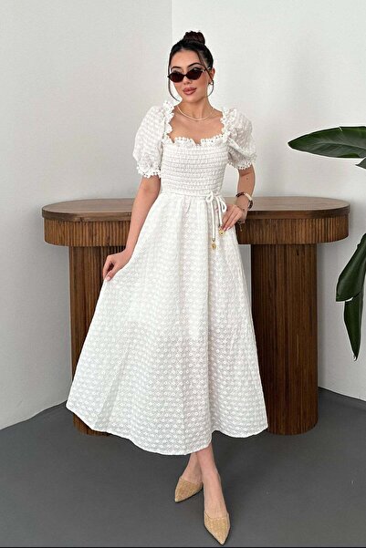Moda Days Women's White Gipeli Brode Midi Dress Square Collar Balloon Sleeve ...