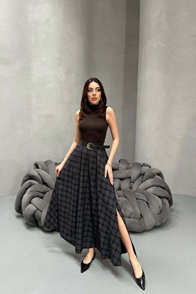 Moda Days Women's Black Maxi Skirt Plaid High Waist Belted Look Slit Woven