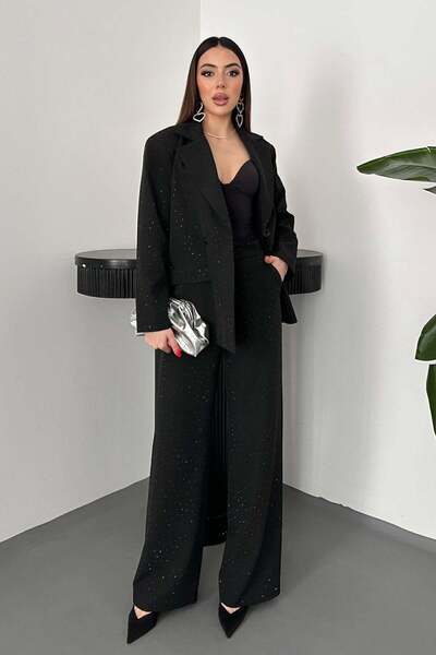 Clothes Fast Women's Black Jacket-Pants Set Shimmering Jacket Pants Set Jacke...