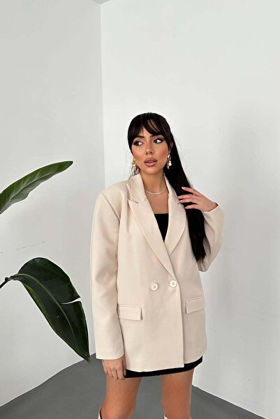 Clothes Fast سترة نسائية بيج مزدوجة الصدر بأكمام طويلة وياقة وجيوب مسطحة منسوجة