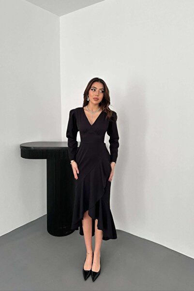 Clothes Fast Γυναικείο μαύρο φόρεμα με λαιμόκοψη V, μακρυμάνικο, ασύμμετρο μί...