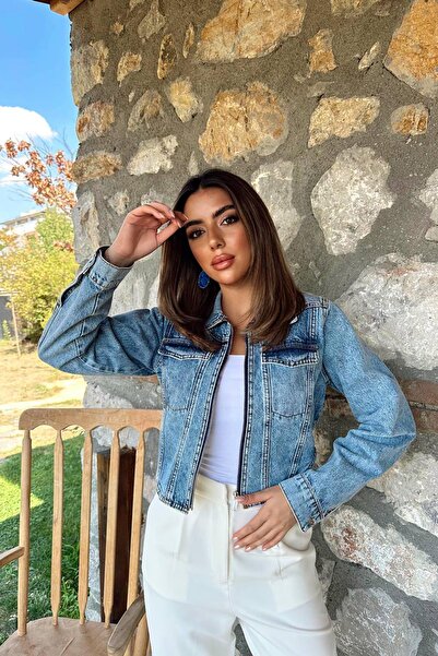 Clothes Fast سترة نسائية من الدنيم الأزرق بتصميم كورسيه وأكمام طويلة وسحاب أمامي