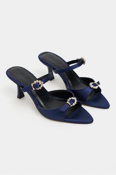 NİŞANTAŞI SHOES Calista Navy Blue Satin Buckle Detail Pointed Toe Women's Heeled Slippers
