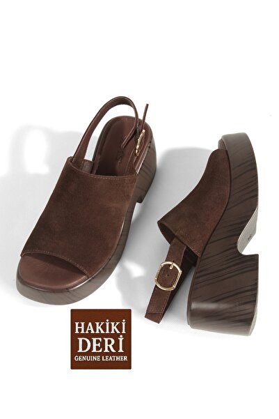 Modabuymus Dark Brown Color Genuine Suede Leather Sandals Thick Heeled Women'...