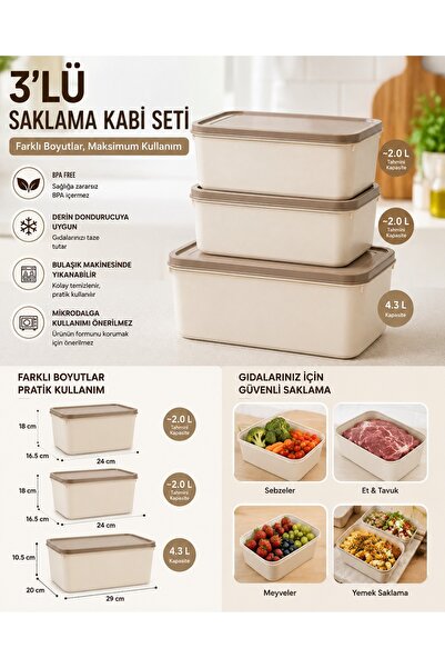 Genel Markalar Evince 3'lü Büyük Boy Saklama Kabı Seti 2 Lt + 2 Lt + 4.3 Lt B...