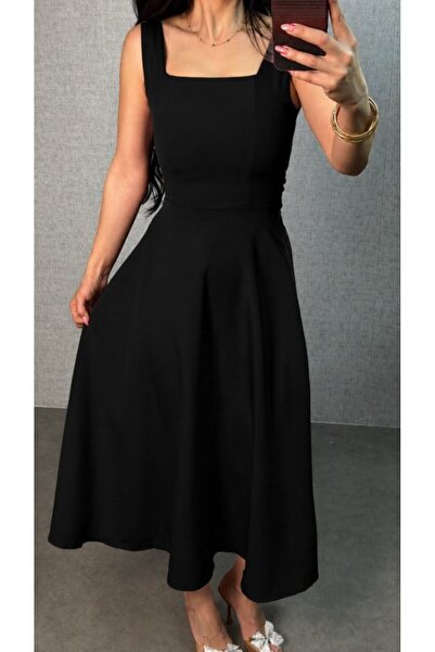 Modayakamoz Women's Strappy Square Collar Long Crepe Dress with Tie Detail at...