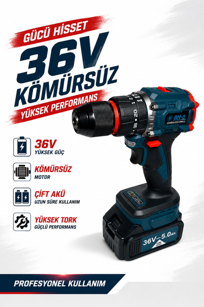 BN5 BN-5 36V 5.0 Ah Çift Akülü Kömürsüz Şarjlı Matkap