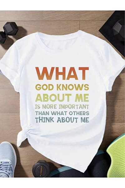 LİNA06 1pc Women' God Knows About Me Quote Print White TShirt, Crew Neck, Cas...