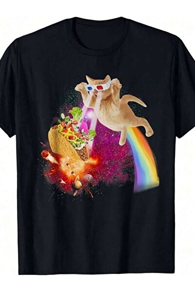 9JY قميص Space Cat Laser Taco Galaxy Kitten Rainbow Leisure بأكمام قصيرة، خفي...