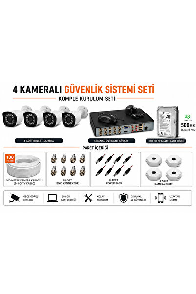 4 Kameralı Full HD Güvenlik Kamera Seti | 4 Kanal DVR + 500 GB HDD + 100 Metre Kablo + Montaj Aksesuarları