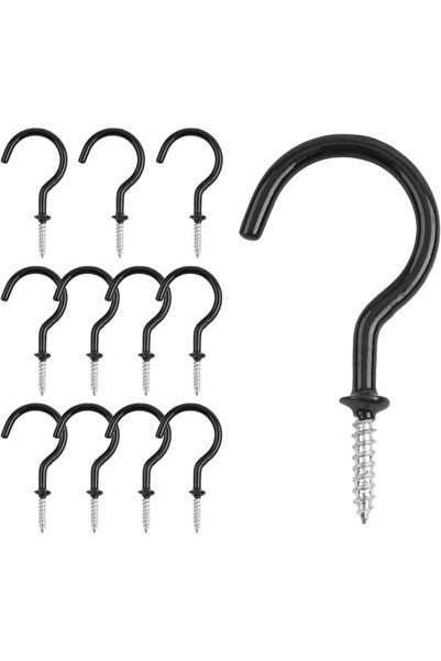 STARSTAR Black Mug Hooks - 12 Plastic Coated Screw Hooks for Ceilings and Walls
