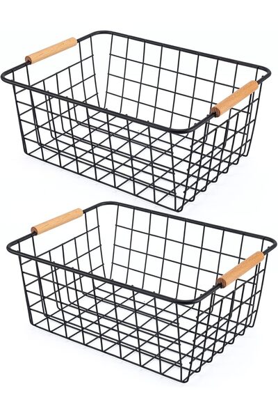 STARSTAR 2 Wire Storage Baskets with Wooden Handles - Food Cabinet and Kitche...