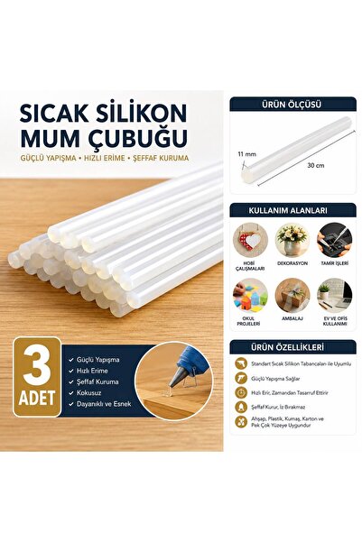 jupon Silikon Çubuk Sıcak Silikon Tabanca Mumu 3 Adet Ince